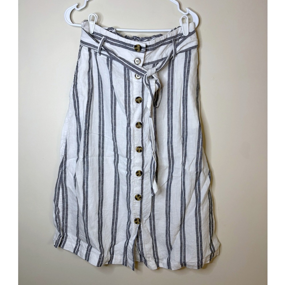 Cynthia Rowley Linen Striped Paperbag Waist Button Front Midi Skirt Blue White L